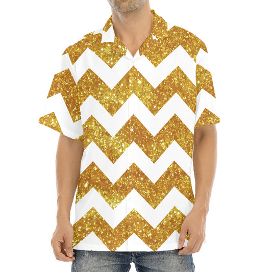 Gold And White Chevron Pattern Print Aloha Shirt