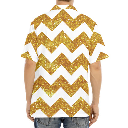 Gold And White Chevron Pattern Print Aloha Shirt