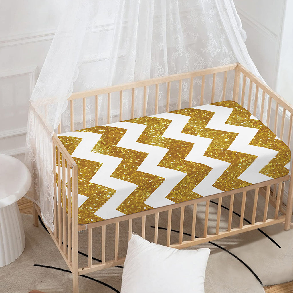 Gold And White Chevron Pattern Print Baby Crib Sheet