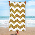 Gold And White Chevron Pattern Print Beach Towel