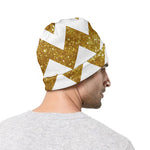 Gold And White Chevron Pattern Print Beanie