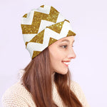 Gold And White Chevron Pattern Print Beanie