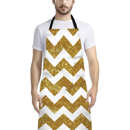 Gold And White Chevron Pattern Print Bib Apron With Pocket