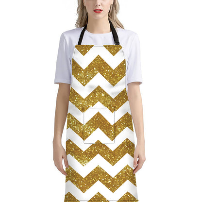 Gold And White Chevron Pattern Print Bib Apron With Pocket