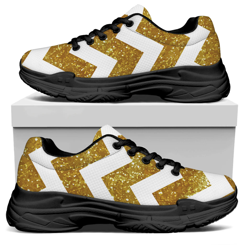 Gold And White Chevron Pattern Print Black Chunky Shoes