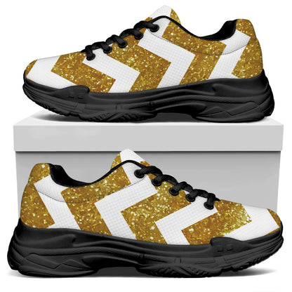 Gold And White Chevron Pattern Print Black Chunky Shoes