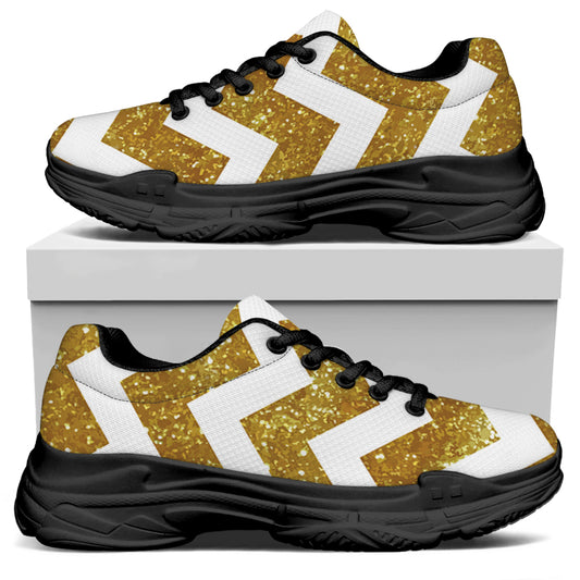 Gold And White Chevron Pattern Print Black Chunky Shoes