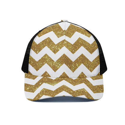 Gold And White Chevron Pattern Print Black Mesh Trucker Cap