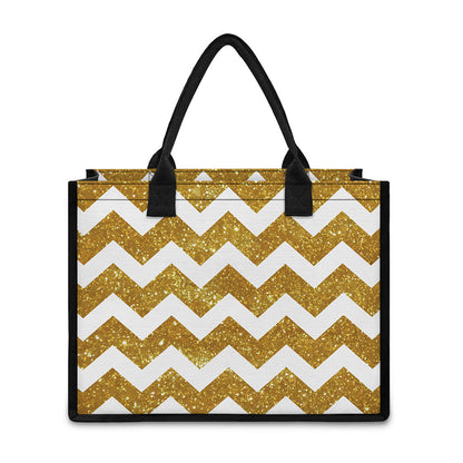 Gold And White Chevron Pattern Print Canvas Tote Bag