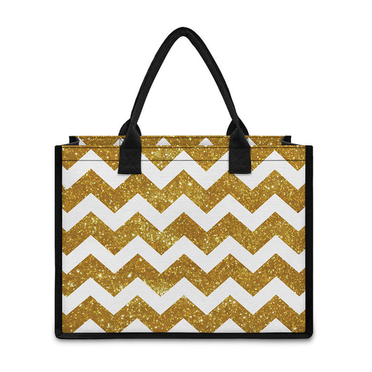 Gold And White Chevron Pattern Print Canvas Tote Bag