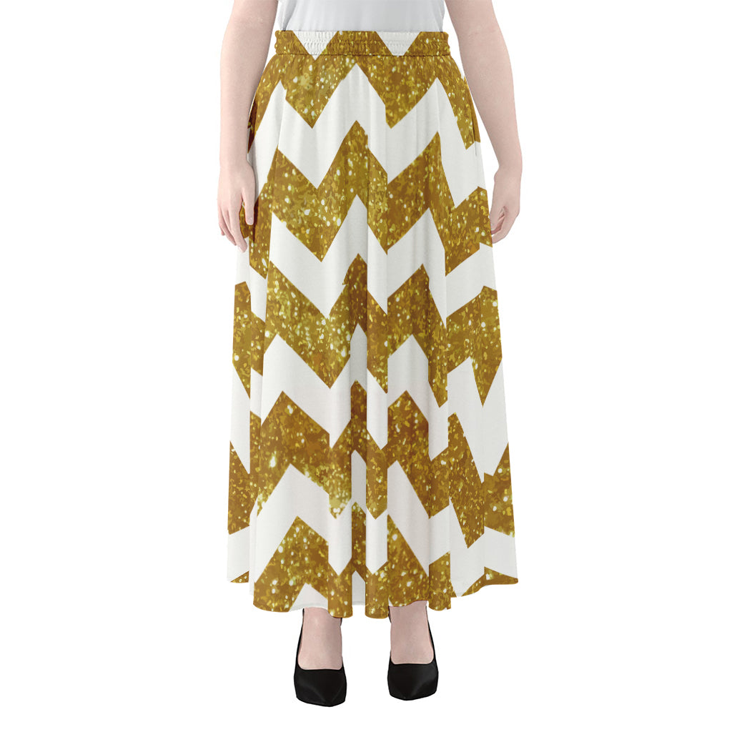 Gold And White Chevron Pattern Print Chiffon Maxi Skirt