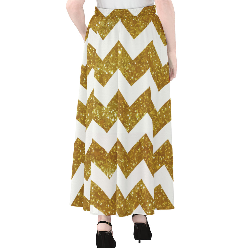 Gold And White Chevron Pattern Print Chiffon Maxi Skirt
