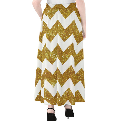 Gold And White Chevron Pattern Print Chiffon Maxi Skirt