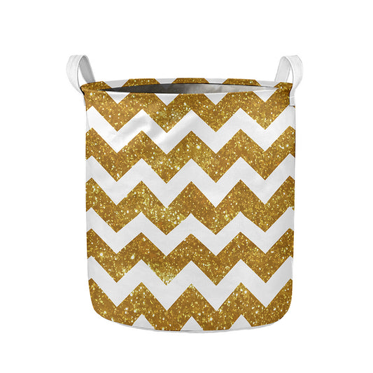 Gold And White Chevron Pattern Print Collapsible Laundry Basket