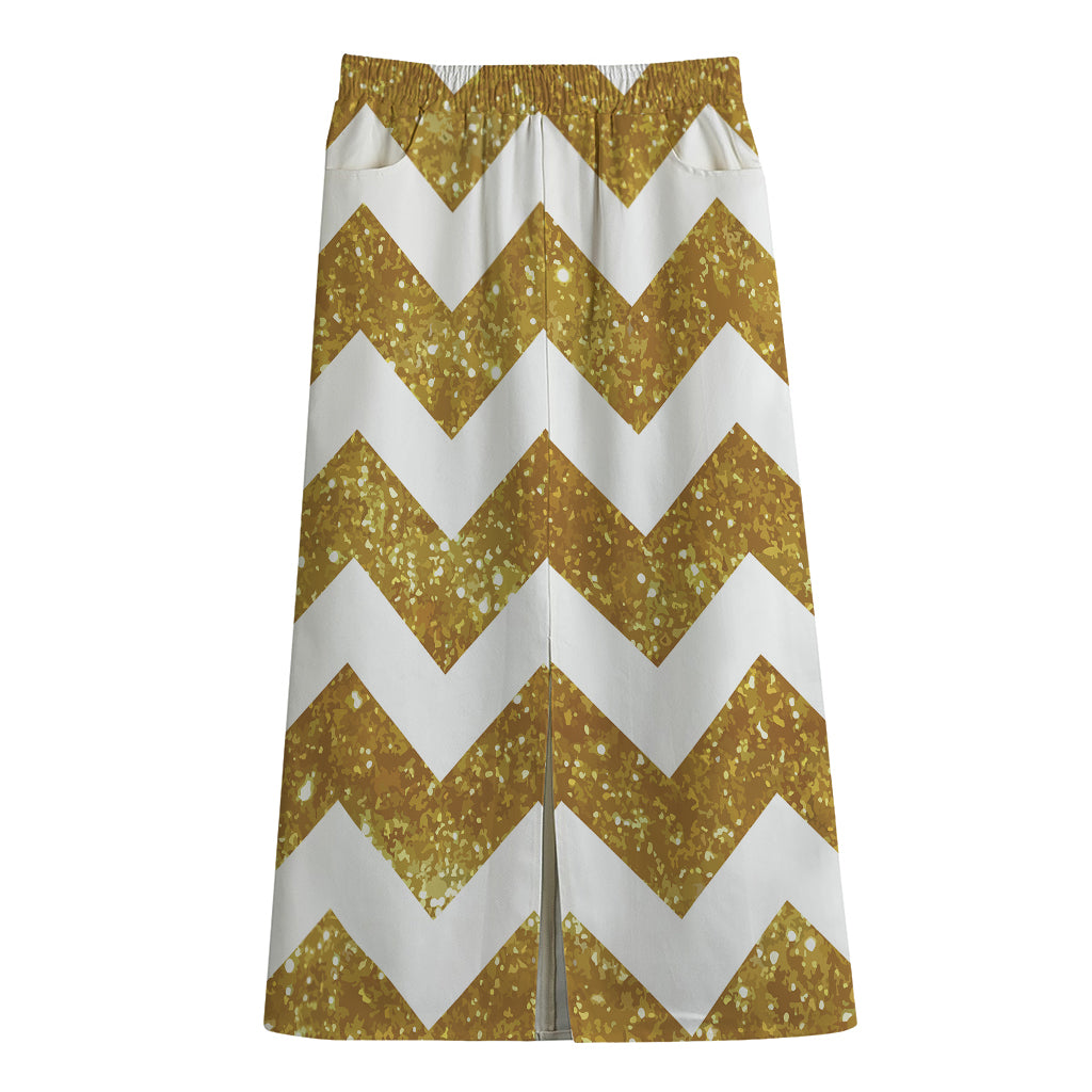 Gold And White Chevron Pattern Print Cotton Front Slit Maxi Skirt