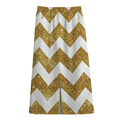 Gold And White Chevron Pattern Print Cotton Front Slit Maxi Skirt
