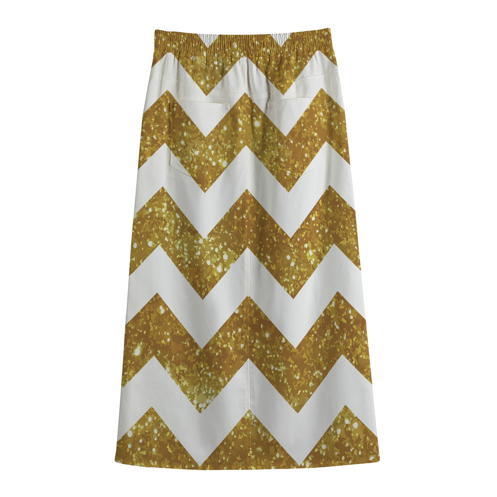 Gold And White Chevron Pattern Print Cotton Front Slit Maxi Skirt