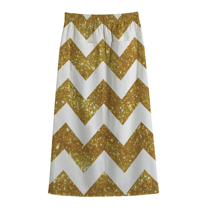 Gold And White Chevron Pattern Print Cotton Front Slit Maxi Skirt
