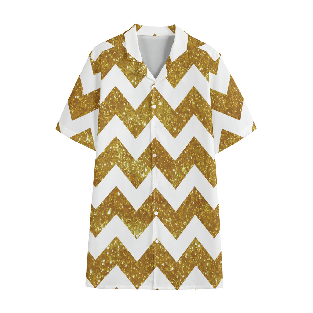 Gold And White Chevron Pattern Print Cotton Hawaiian Shirt