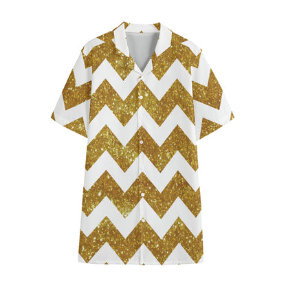 Gold And White Chevron Pattern Print Cotton Hawaiian Shirt