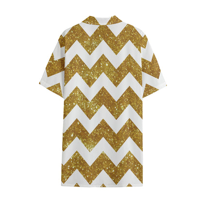 Gold And White Chevron Pattern Print Cotton Hawaiian Shirt