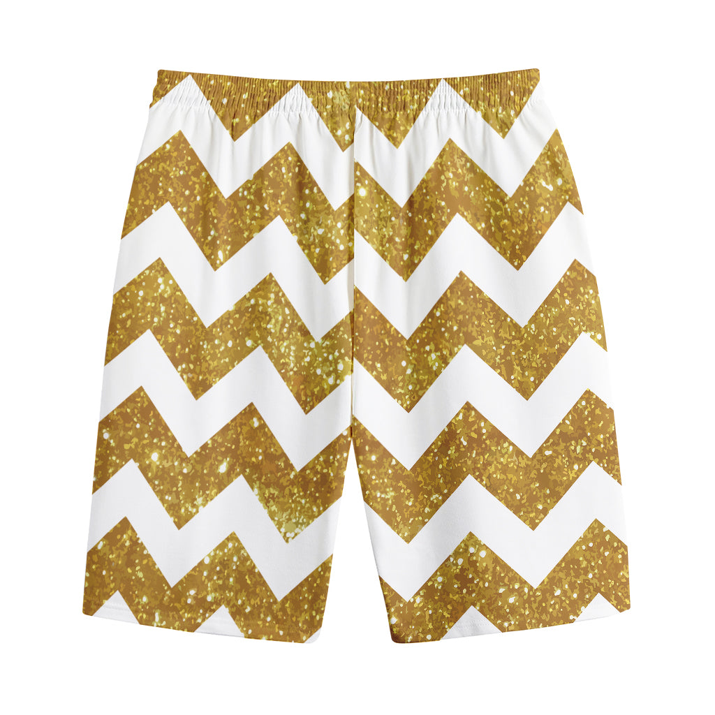 Gold And White Chevron Pattern Print Cotton Shorts