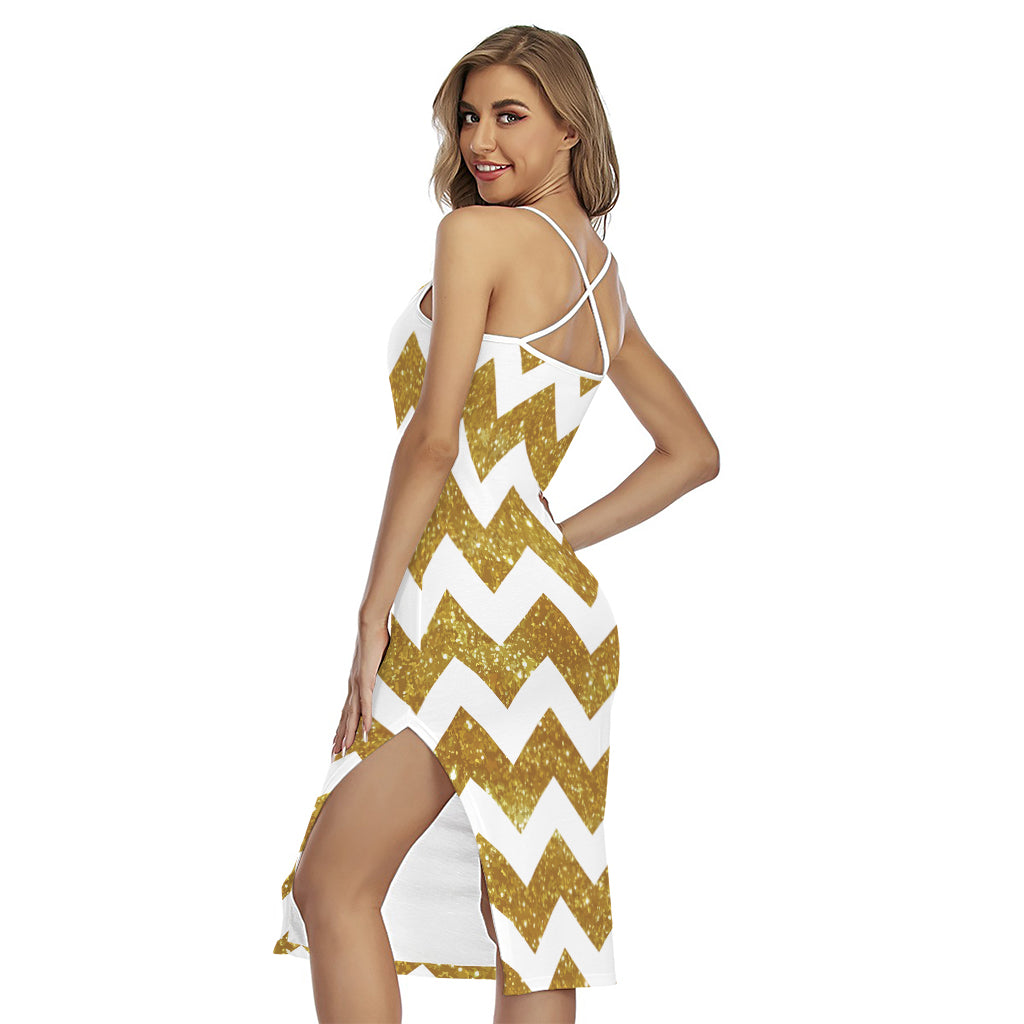 Gold And White Chevron Pattern Print Cross Back Cami Dress