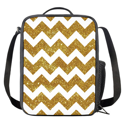 Gold And White Chevron Pattern Print Crossbody Lunch Bag
