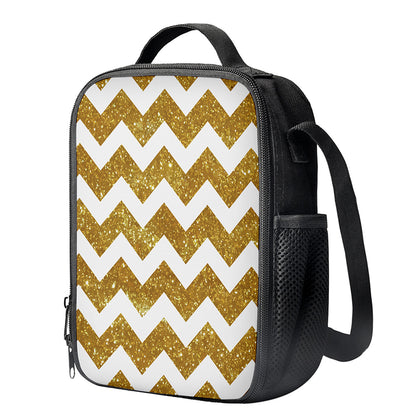 Gold And White Chevron Pattern Print Crossbody Lunch Bag