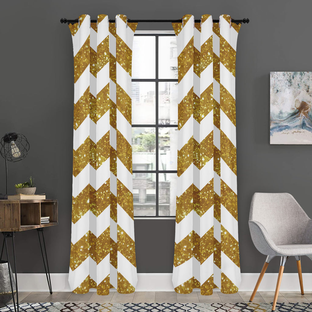 Gold And White Chevron Pattern Print Curtain