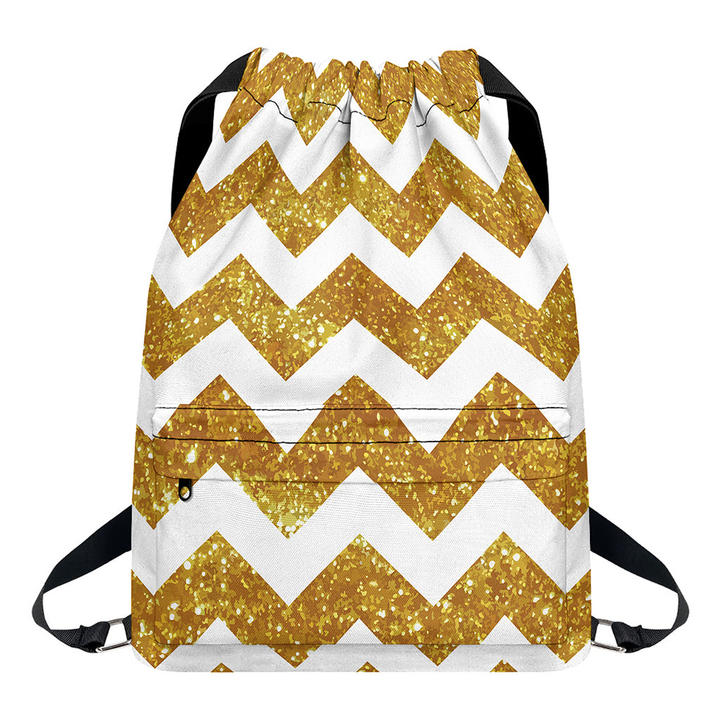 Gold And White Chevron Pattern Print Drawstring Backpack