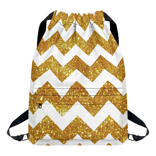 Gold And White Chevron Pattern Print Drawstring Backpack