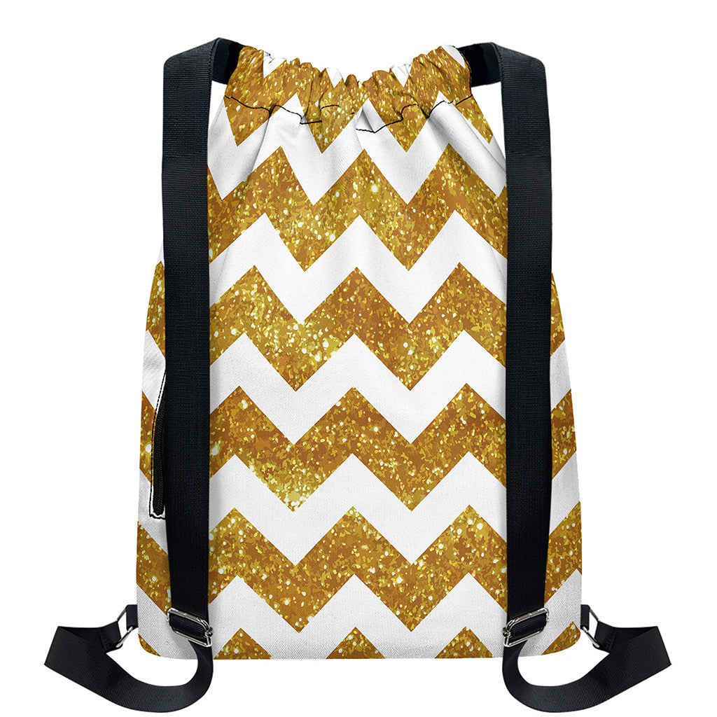 Gold And White Chevron Pattern Print Drawstring Backpack