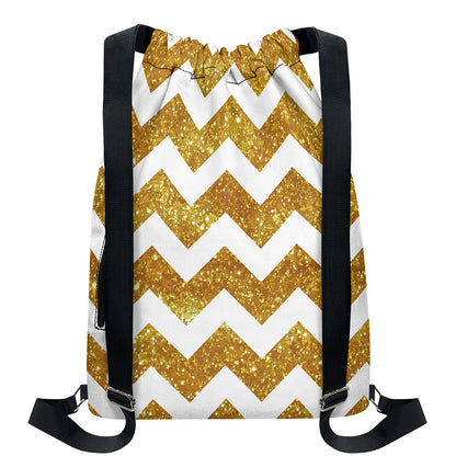 Gold And White Chevron Pattern Print Drawstring Backpack