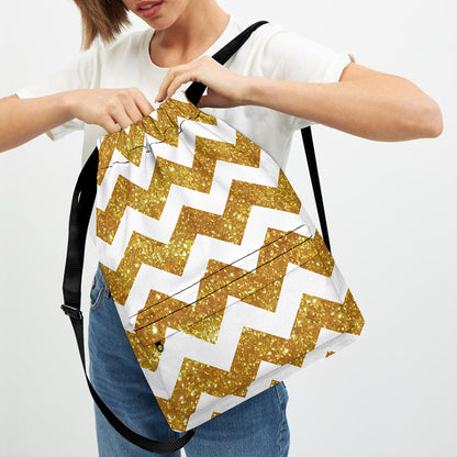 Gold And White Chevron Pattern Print Drawstring Backpack