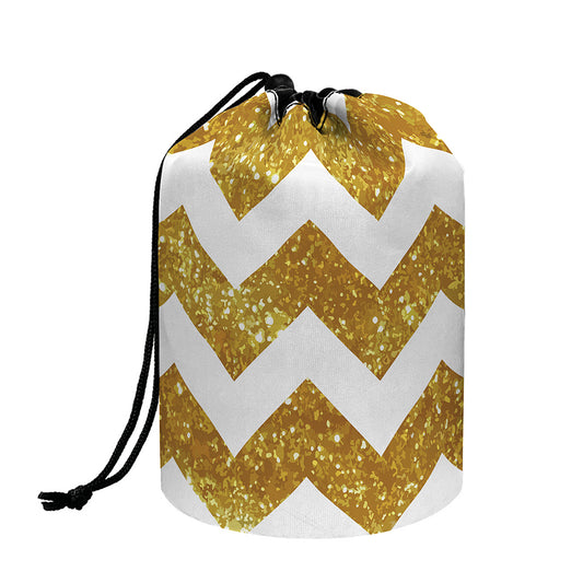 Gold And White Chevron Pattern Print Drawstring Makeup Bag