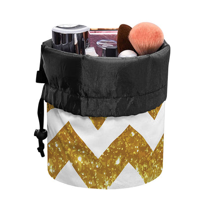 Gold And White Chevron Pattern Print Drawstring Makeup Bag