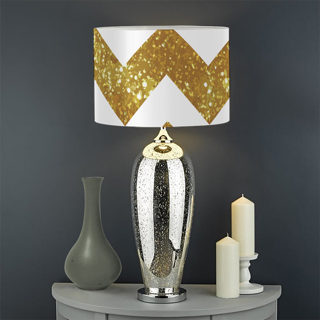 Gold And White Chevron Pattern Print Drum Lamp Shade