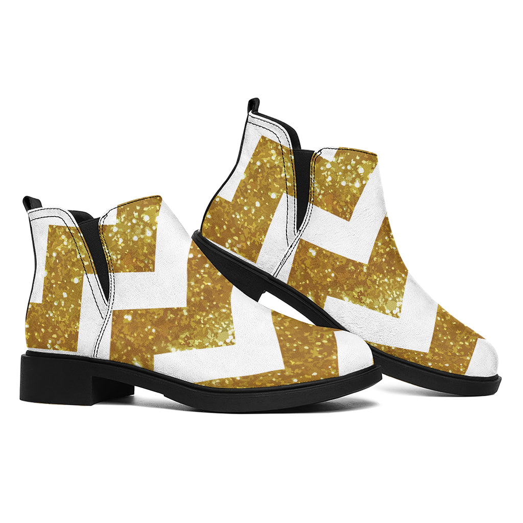 Gold And White Chevron Pattern Print Flat Ankle Boots
