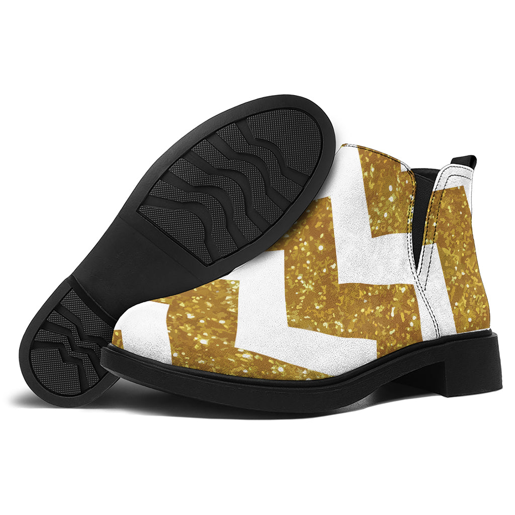 Gold And White Chevron Pattern Print Flat Ankle Boots