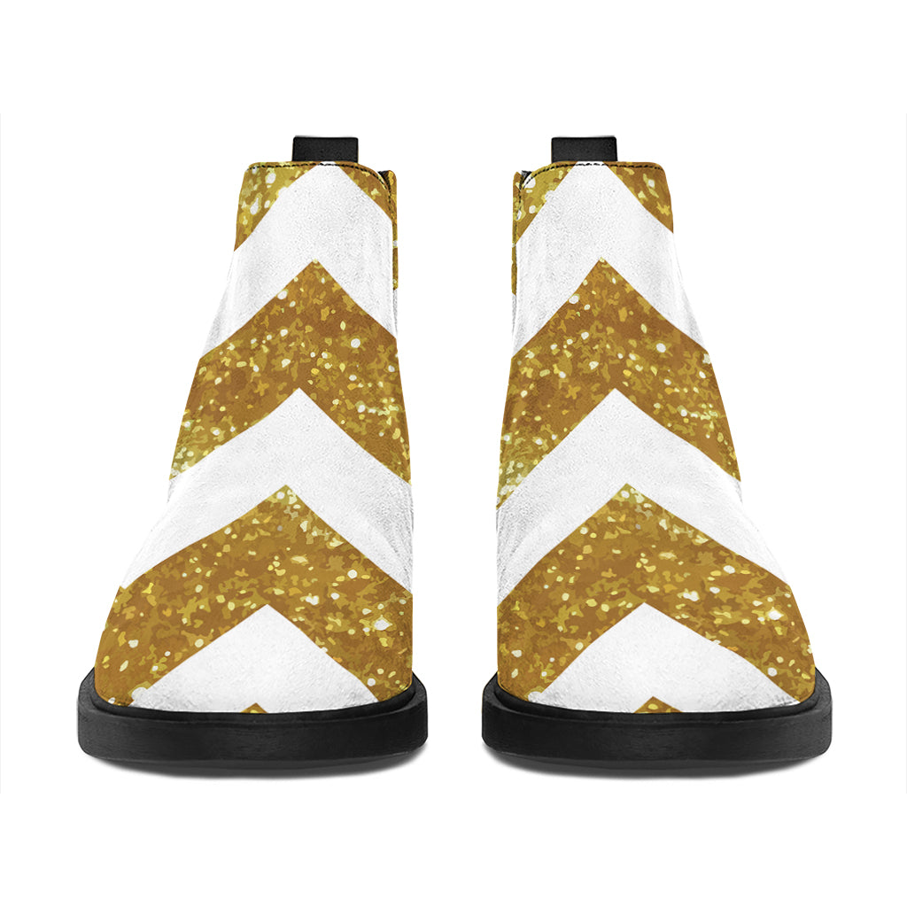Gold And White Chevron Pattern Print Flat Ankle Boots