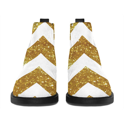 Gold And White Chevron Pattern Print Flat Ankle Boots