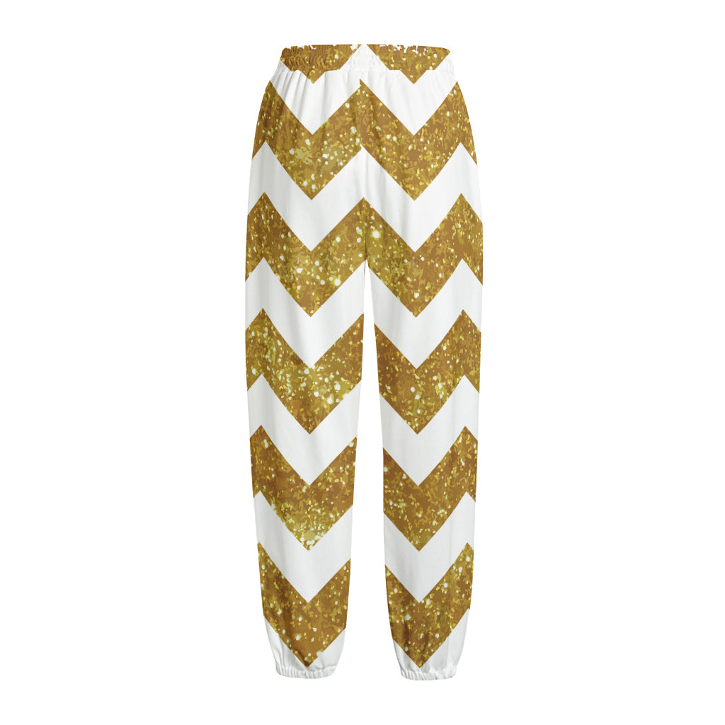 Gold And White Chevron Pattern Print Fleece Lined Knit Pants