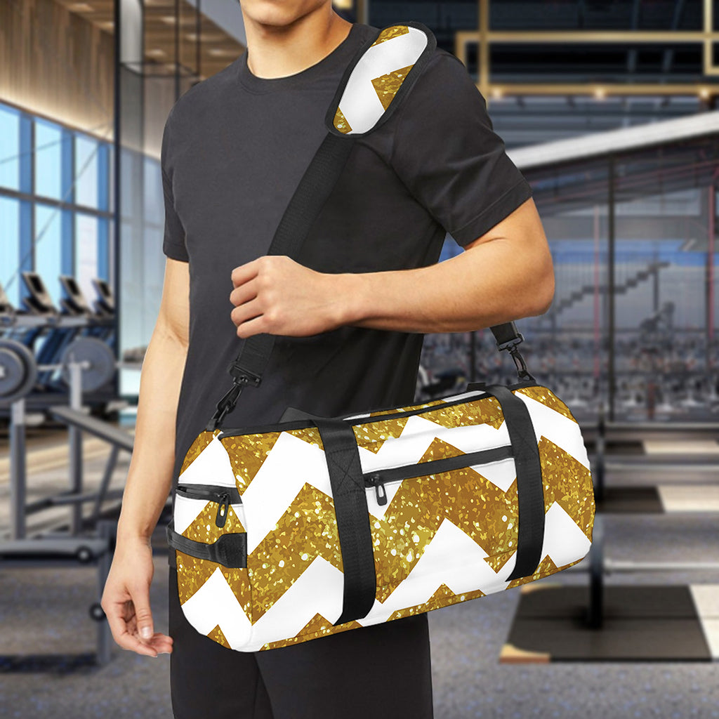 Gold And White Chevron Pattern Print Gym Bag