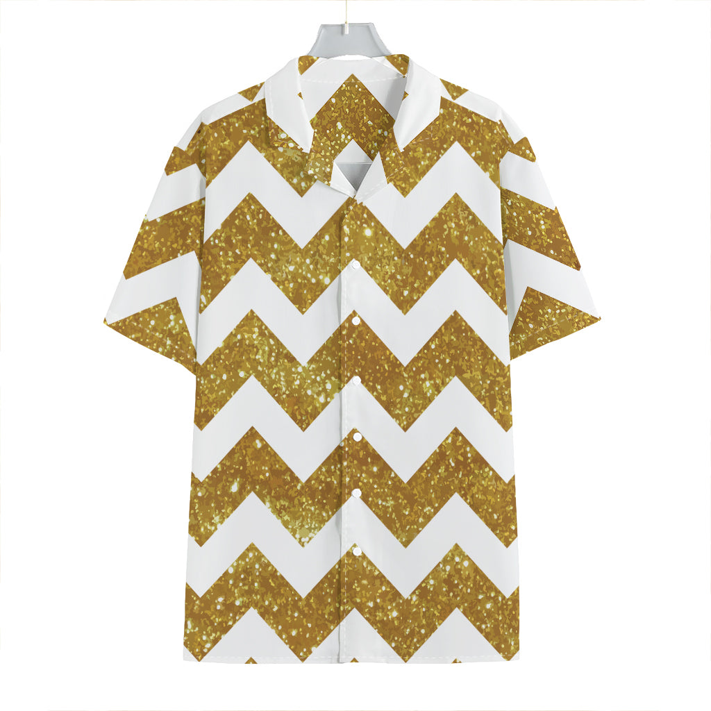 Gold And White Chevron Pattern Print Hawaiian Shirt