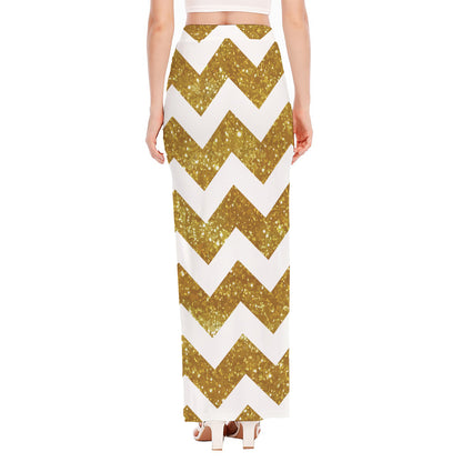 Gold And White Chevron Pattern Print High Slit Maxi Skirt