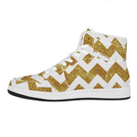 Gold And White Chevron Pattern Print High Top Leather Sneakers