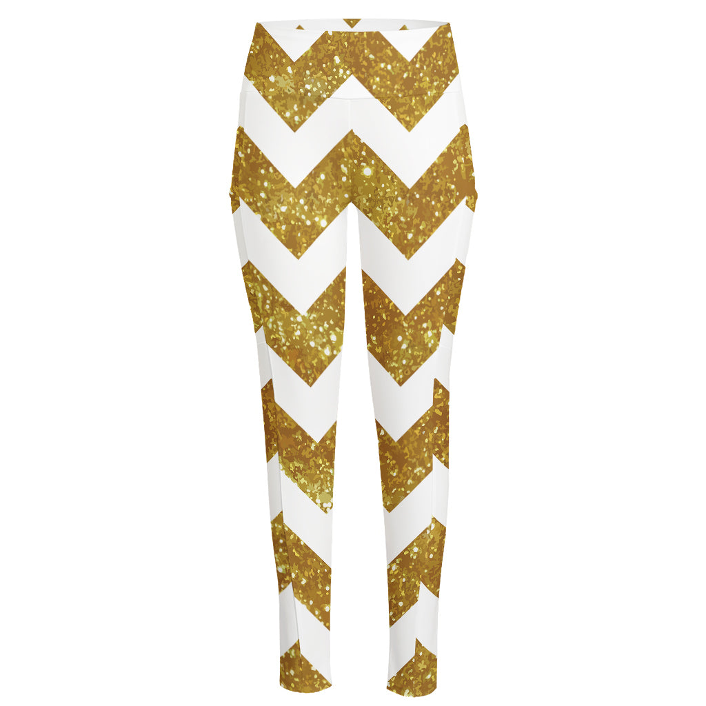 Gold And White Chevron Pattern Print High-Waisted Pocket Leggings
