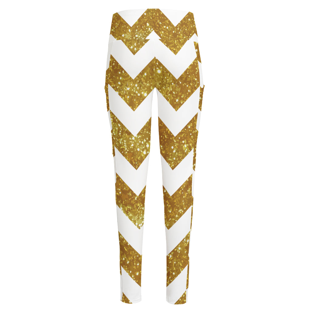 Gold And White Chevron Pattern Print High-Waisted Pocket Leggings