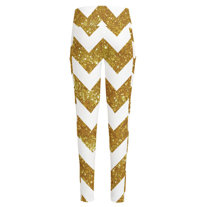 Gold And White Chevron Pattern Print High-Waisted Pocket Leggings